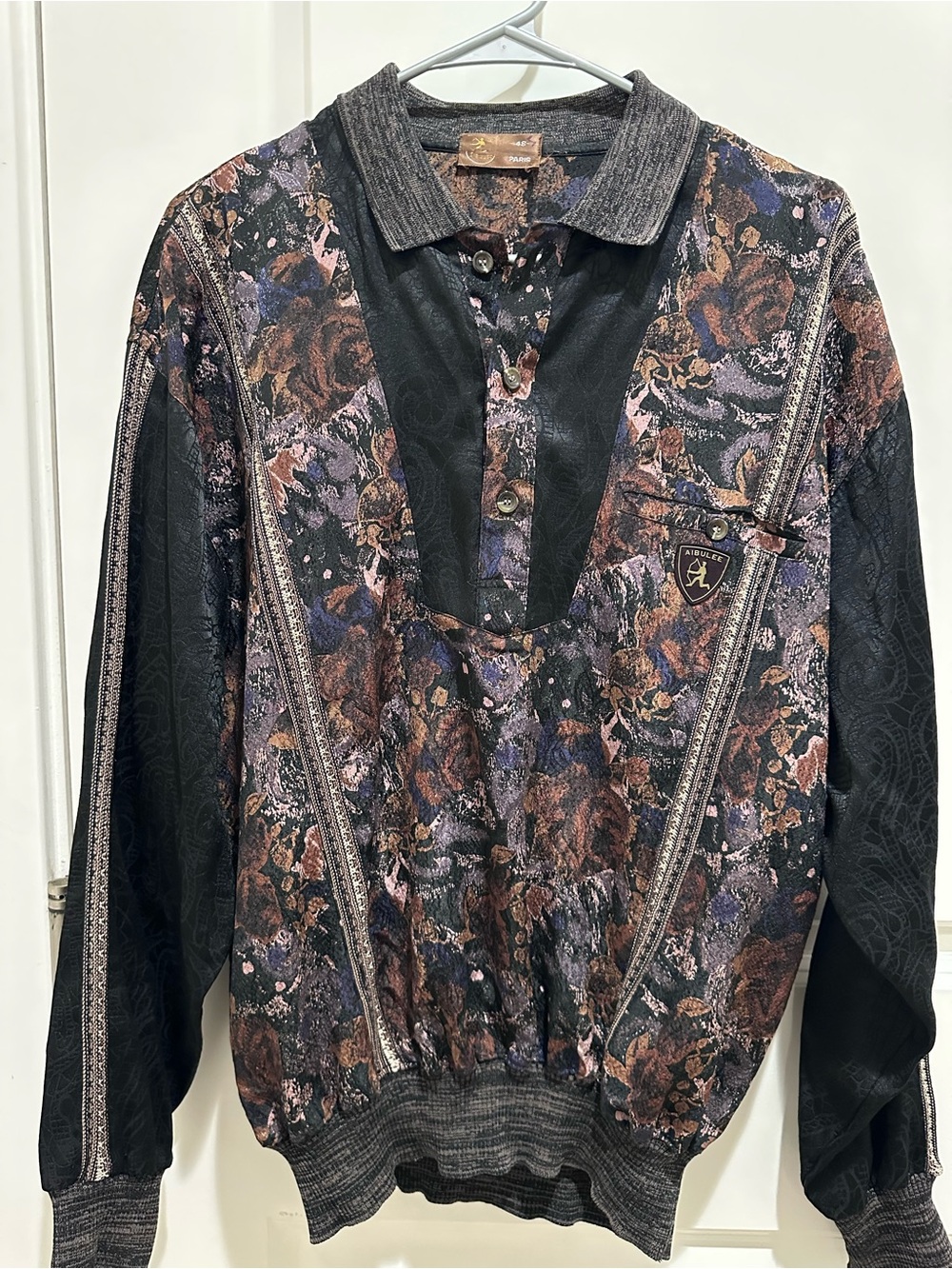 Vintage Aibulee Men’s Black with multicolor Pattern Collar Shirt Sz 48